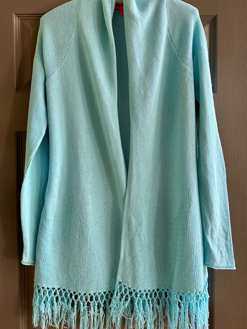 Lilly Pulitzer Tatum Cardigam Light Aqua Open-Front Fringe Hem